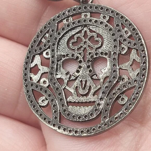 Marlyn Schiff Sugar Skull Rhinestone Pendant Necklace Gunmetal - Picture 8 of 10